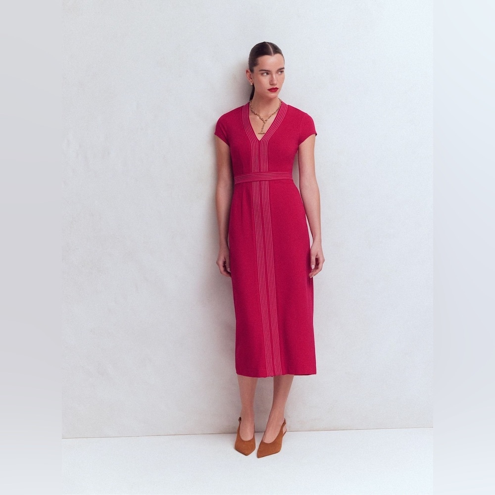 NWT Boden Topstitch V-Neck Ponte Dress in Pomegranate